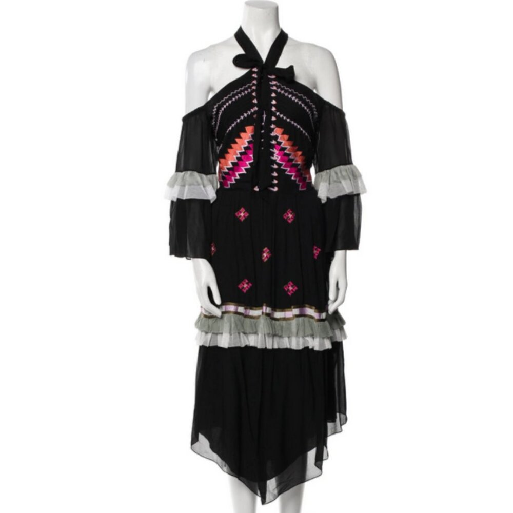 ✨ Rare Temperley London Chiffon Embroidered Ruffle Dress | Size 12 Boho Romance